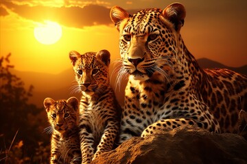Fototapeta premium Stunning african savanna scene. family of leopards basking in the warm sunset glow