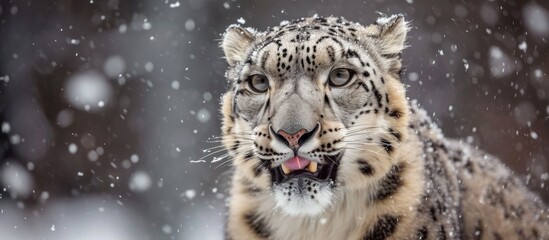 Snow storm snow leopard licking teeth in frontal portrait.