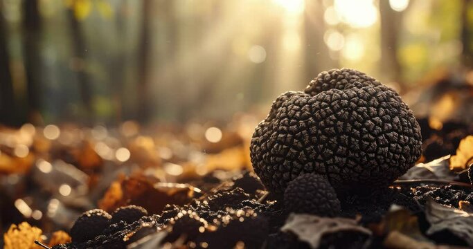 a close up of delicious fresh truffle in the woods in the morning light with copy space