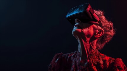 Old lady in VR headset on dark background. Inclusive concept for elderly people. Sci-fi futuristic technology for all. Gamer granny in fashionable outfit cool portrait. Red light