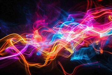 Abstract light painting of multiple glowing neon colors, with a chaotic squiggle pattern that trails off toward the right edge of the image - obrazy, fototapety, plakaty