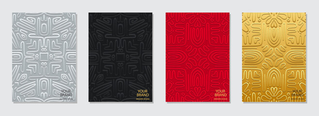 A set of colored covers, original vertical templates. A collection of relief, geometric backgrounds with ethnic 3D patterns. Ornamental unique creativity of the East, Asia, India, Mexico, Aztec, Peru.