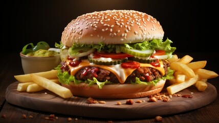 Juicy burger with meat cutlet, cheese, cucumber, salad and french fries lying on a wooden board in a restaurant.