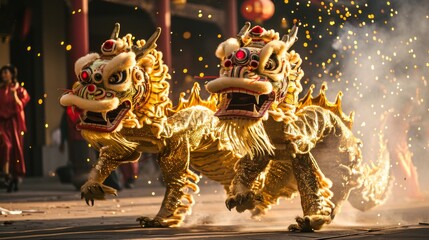Fototapeta premium Golden dragon dance in full motion with a dazzling fireworks display in the background, during a traditional Chinese celebration