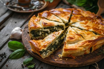 Homemade Spinach and Feta Cheese Pie on Wooden Board - Ideal for Culinary Websites and Recipe Book Illustrations