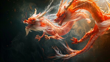 Two vibrant Chinese dragons amidst a swirl of flames and smoky backdrop, a powerful depiction of myth and fantasy