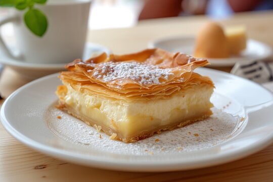 Classic Galaktoboureko Slice on White Plate - A Greek Semolina Custard Pie Perfect for Dessert Menus and Cooking Guides