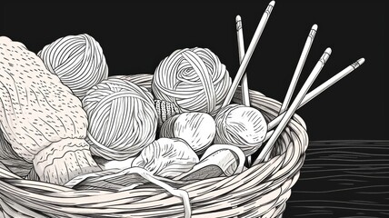 Fototapeta premium cozy monochrome illustration with knitting accessories and a basket with skeins of yarn, metal knitting needles and a knitting guide with patterns