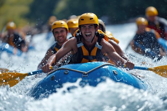 Rafting thrill! Adventurous souls navigate wild rivers in rubber boats. 'generative AI' 