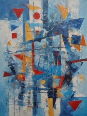 An abstract grunge blue, red and yellow painting with geometric shapes and stripes, oil on canvas. Contemporary surrealist painting. Modern poster for wall decoration