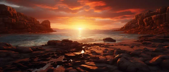 Foto op Plexiglas  Glowing orange sunset with hazy sky over the rocky shore © Amer