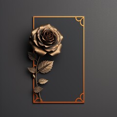 Golden rose on black background with frame, 3d render illustration, Ai Generated