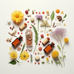 pills and vitamins on a white background with flowers, Ai Generated
