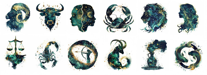 Horoscope. All the zodiac signs. Double exposure illustration combined with raw ink drawing of stars and constellations. Dark blue, green and gold color scheme. White background.
