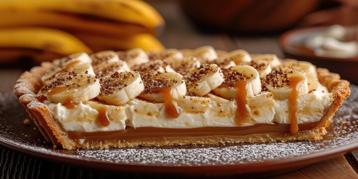 Banoffee Pie Bliss: Culinary Indulgence Unveiled. Immerse in A Symphony of Caramel, Bananas, and Cream Captured. Picture the Banoffee Pie Bliss in a Sweet Culinary Setting with Soft Lighting