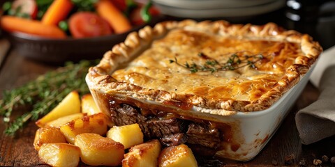 Steak Pie Perfection: Culinary Comfort Unveiled. Dive into A Symphony of Savory Goodness Captured in a Visual Feast. Picture the Steak Pie Perfection in a Classic Culinary Setting with Soft Lighting