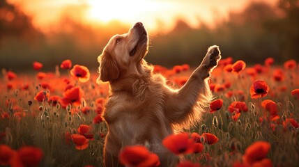 Golden Retriever sits on his hind legs and holds his paws up in a poppy field at sunset