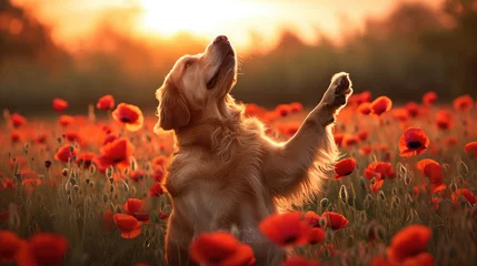 Fototapeten Golden Retriever sits on his hind legs and holds his paws up in a poppy field at sunset © buraratn