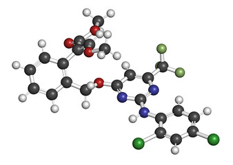 Pyriminostrobin insecticide molecule. 3D rendering.