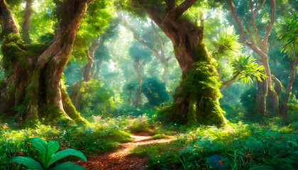 Fairytale enchanted forest with big trees wallpaper.