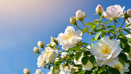 White spring flowers blossom rose bush on a blue background. Flowering rose wallpaper