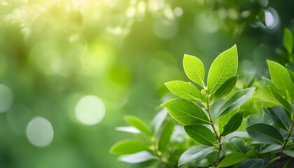 Fototapeta na wymiar Green leaves wallpaper. Close up of nature view green leaf on blurred greenery background under sunlight.