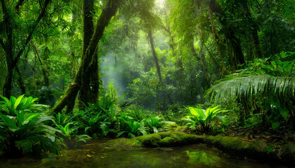 Deep tropical jungles in summer. Green forest in the morning