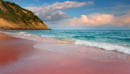 Fototapeta na wymiar Ocean seascape with pink sandy beach wallpaper. Sea background