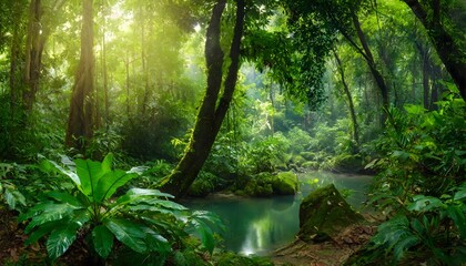 Fototapeta na wymiar Morning in the forest. Deep tropical jungles in summer.
