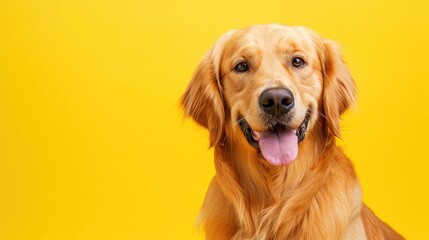 Happy smiling golden retriever dog blinking eye yellow background studio shot