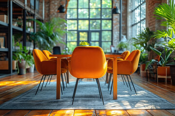 Fototapeta na wymiar Workspace interior: Bright, inviting office space designed in Apricot Crush color scheme, reflecting positivity and energy, natural light