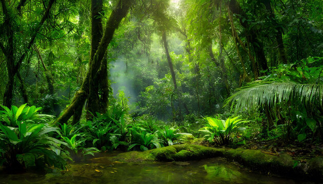 Fototapeta Deep tropical jungles in summer. Green forest in the morning