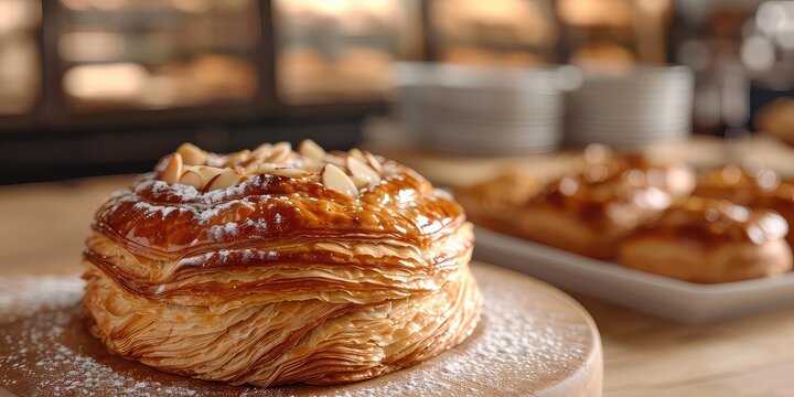 Pithiviers Delight: French Pastry Perfection Unveiled. Dive into A Symphony of Flaky Layers and Almond Bliss. Picture the Pithiviers Delight in an Elegant French Patisserie with Soft Lighting