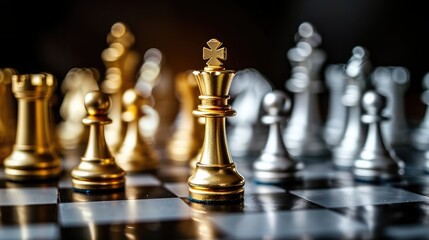 King golden chess standing confront of the silver chess team to challenge concepts of leadership and business strategy management and leadership