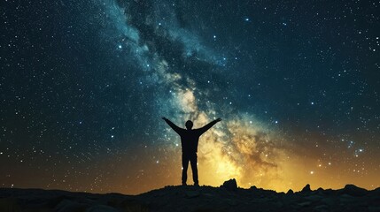 Milky Way. Night sky with stars and silhouette of a standing happy man with yellow light. Space background
