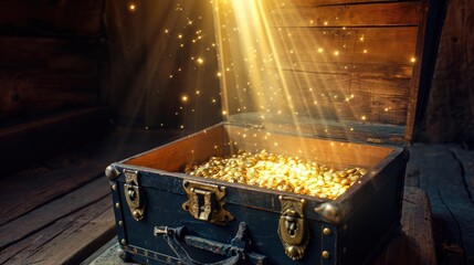Open an ancient treasure chest that radiated light in old background