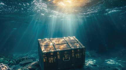 photo of treasure chest submerged underwater with light rays