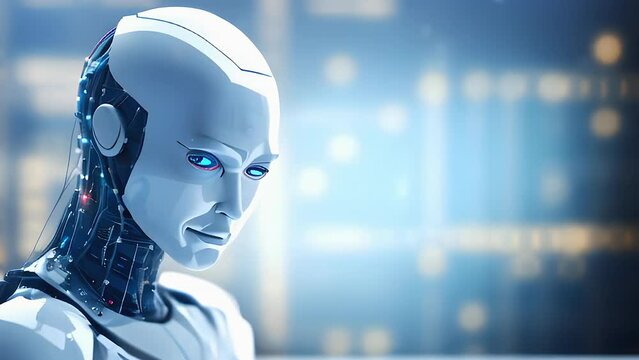 A humanoid robot or cyborg slowly turns its head towards the camera and attentively focuses its gaze on an object within its field of view