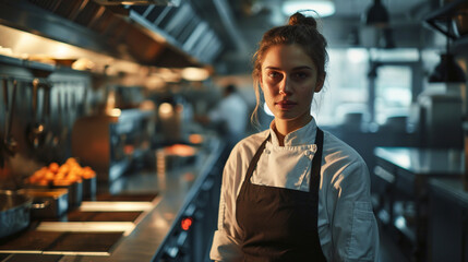 Professional half-body portrait of female chef in restaurant kitchen, AI Generated