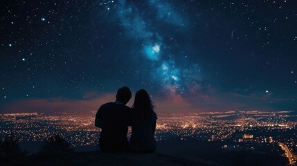silhouette of a couple sitting on top of a hill looking at the stars over the city - Powered by Adobe