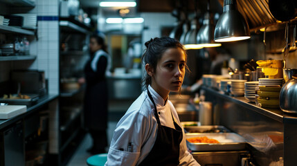 Professional half-body portrait of female chef in restaurant kitchen, AI Generated - obrazy, fototapety, plakaty