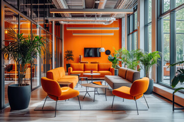 Fototapeta premium Workspace interior: Bright, inviting office space designed in Apricot Crush color scheme, reflecting positivity and energy, natural light