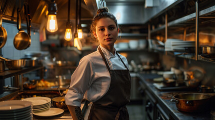 Professional half-body portrait of female chef in restaurant kitchen, AI Generated - obrazy, fototapety, plakaty