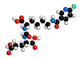 Piflufolastat F-18 radioactive diagnostic molecule. 3D rendering.