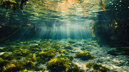 Spring water. Underwater freshwater. Mysterious freshwater river.