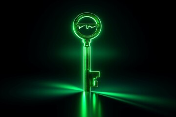 Green neon light key icon. Vibrant colored technology symbol, isolated on a black background
