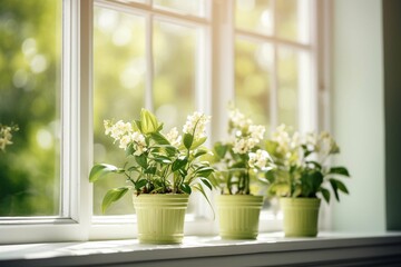 Green potted plants on a windowsill in a bright room with white walls and windows