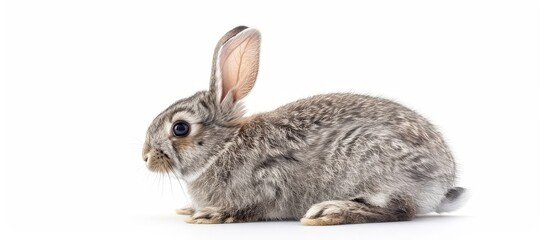 Cute gray bunny with long ears sits on the floor, isolated on a white background.
