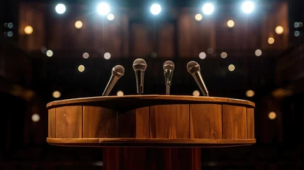 Poster wooden speech podium with three small microphones attached on a dark background spotlit © buraratn