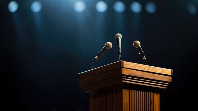 wooden speech podium with three small microphones attached on a dark background spotlit